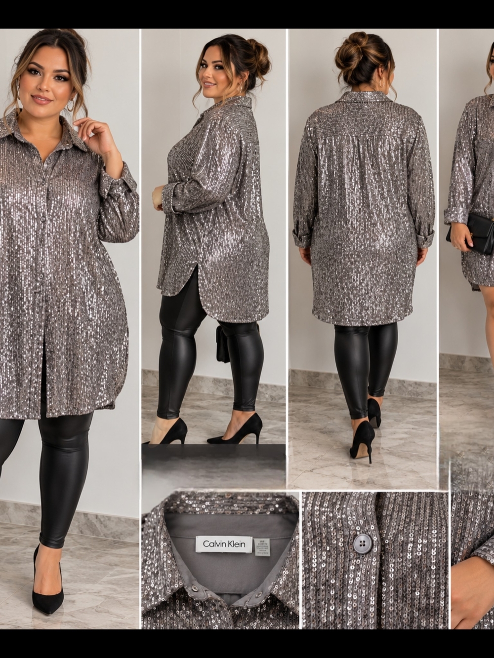 Calvin Klein Silver Sequin Button-Down Tunic Shirt/ Dress